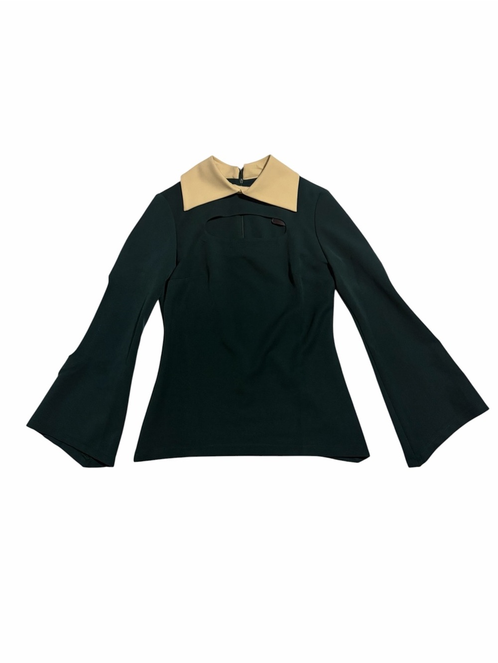 NWT Julia Allert Dark Green Structured Cutout Blouse with Beige Collar Size-XS